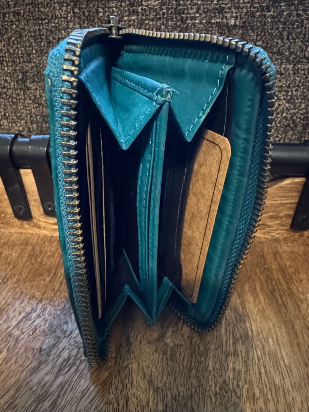 Vintage Woven Leather Zip Around Small 6 Card Coin Turquoise: D-80 - Picture 4 of 6